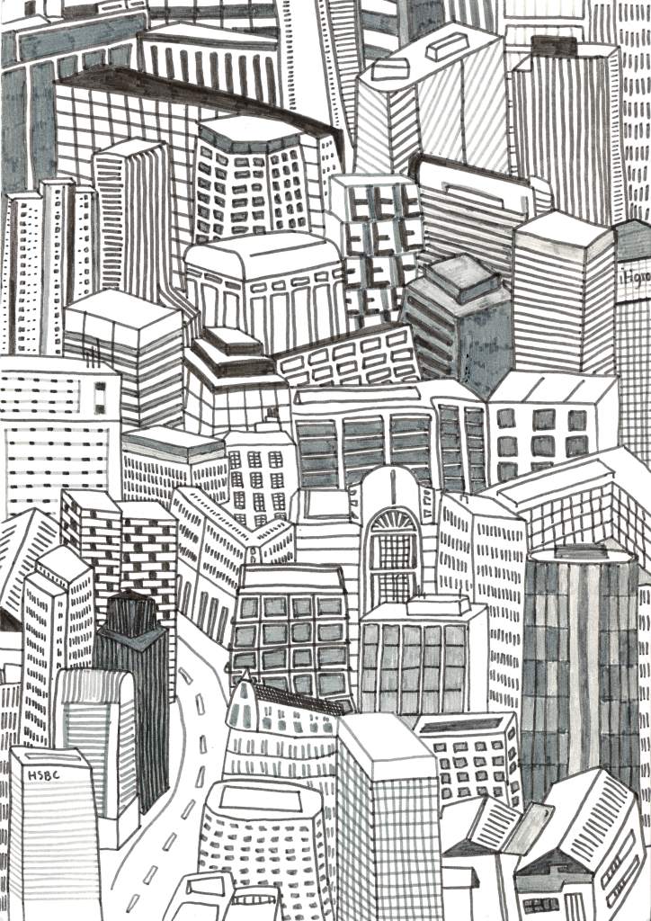 This is a scan of the original drawing that is pasted in the frames of the above picture. The drawing is of a crowded city scape made of many tower blocks that are hand drawn in a naïve cartoonish way. 